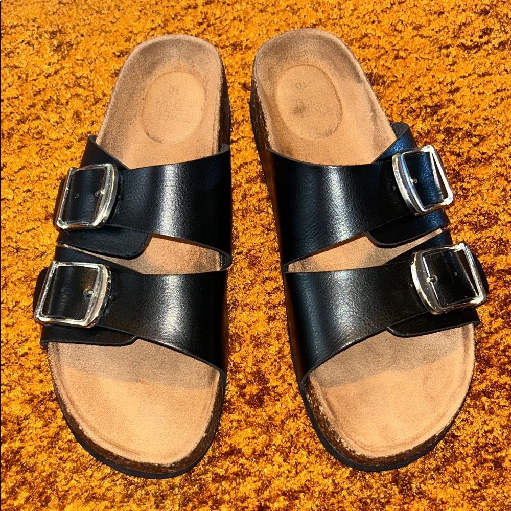 Stylish Black Leather Double Buckle Sandals